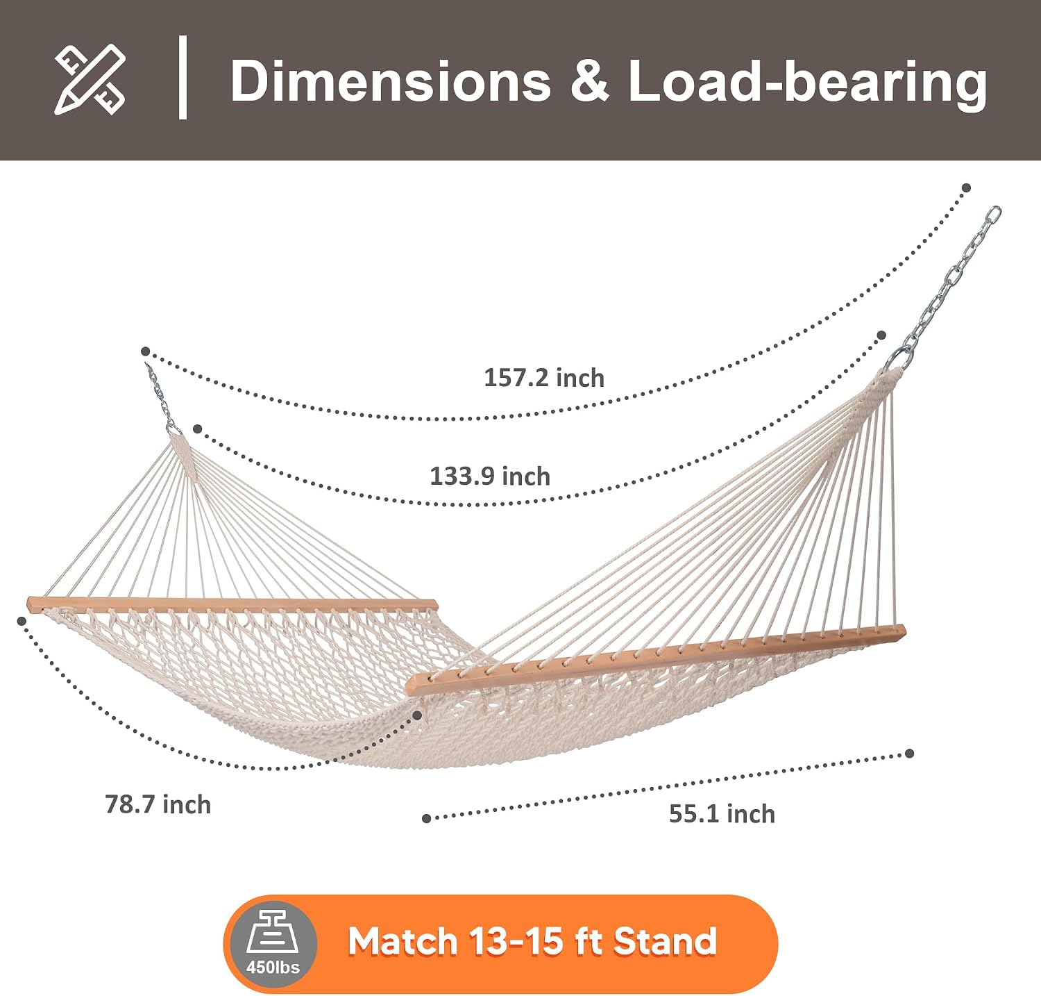 SUNCREAT Traditional Rope Double Hammock, 450 lbs Capacity, Natural - Image 2