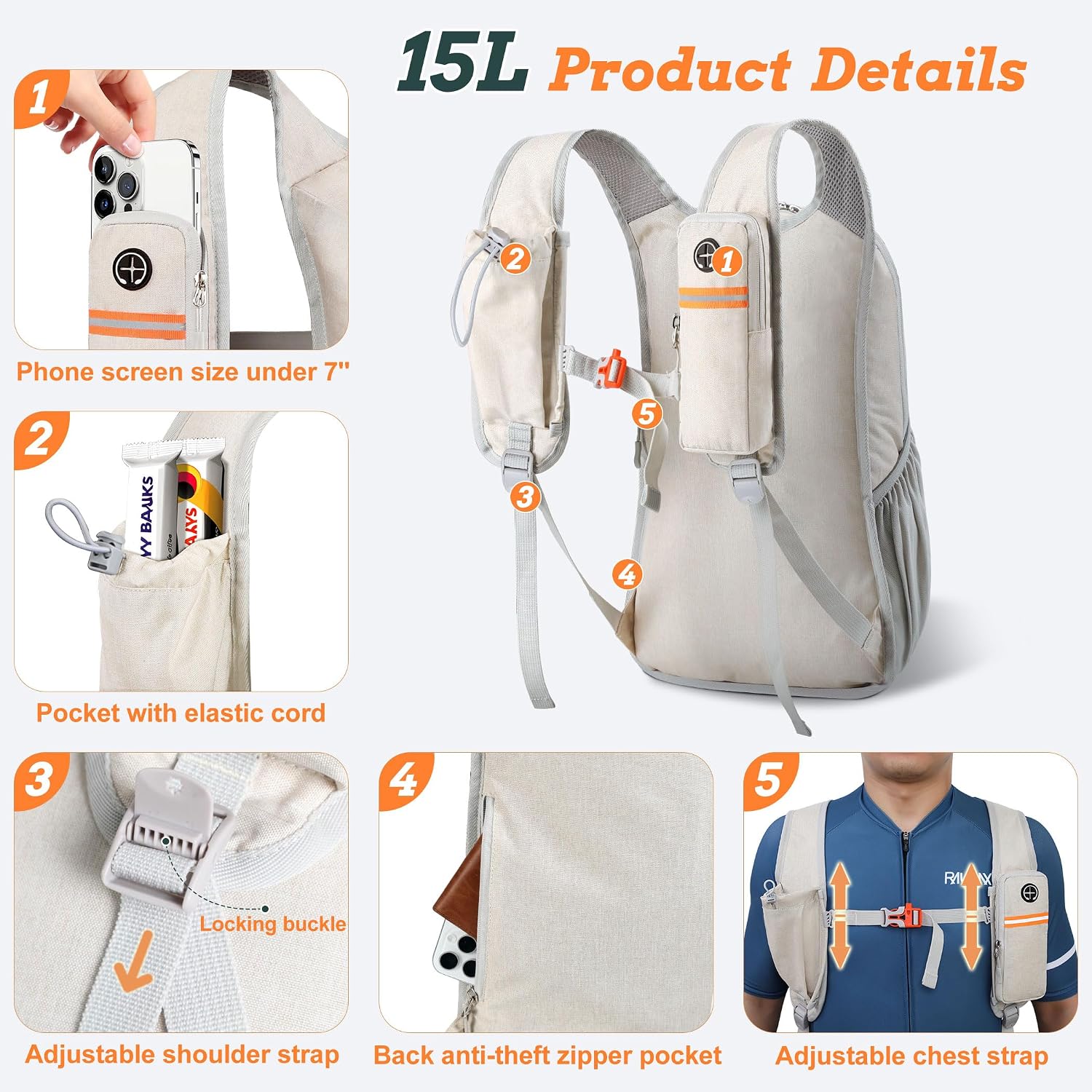 BECOJADDE 15L Small Hiking Backpack for Men Women Foldable Packable Back Pack Ultralight Hiking Daypack for Travel Camping Outdoor, Beige - Image 2