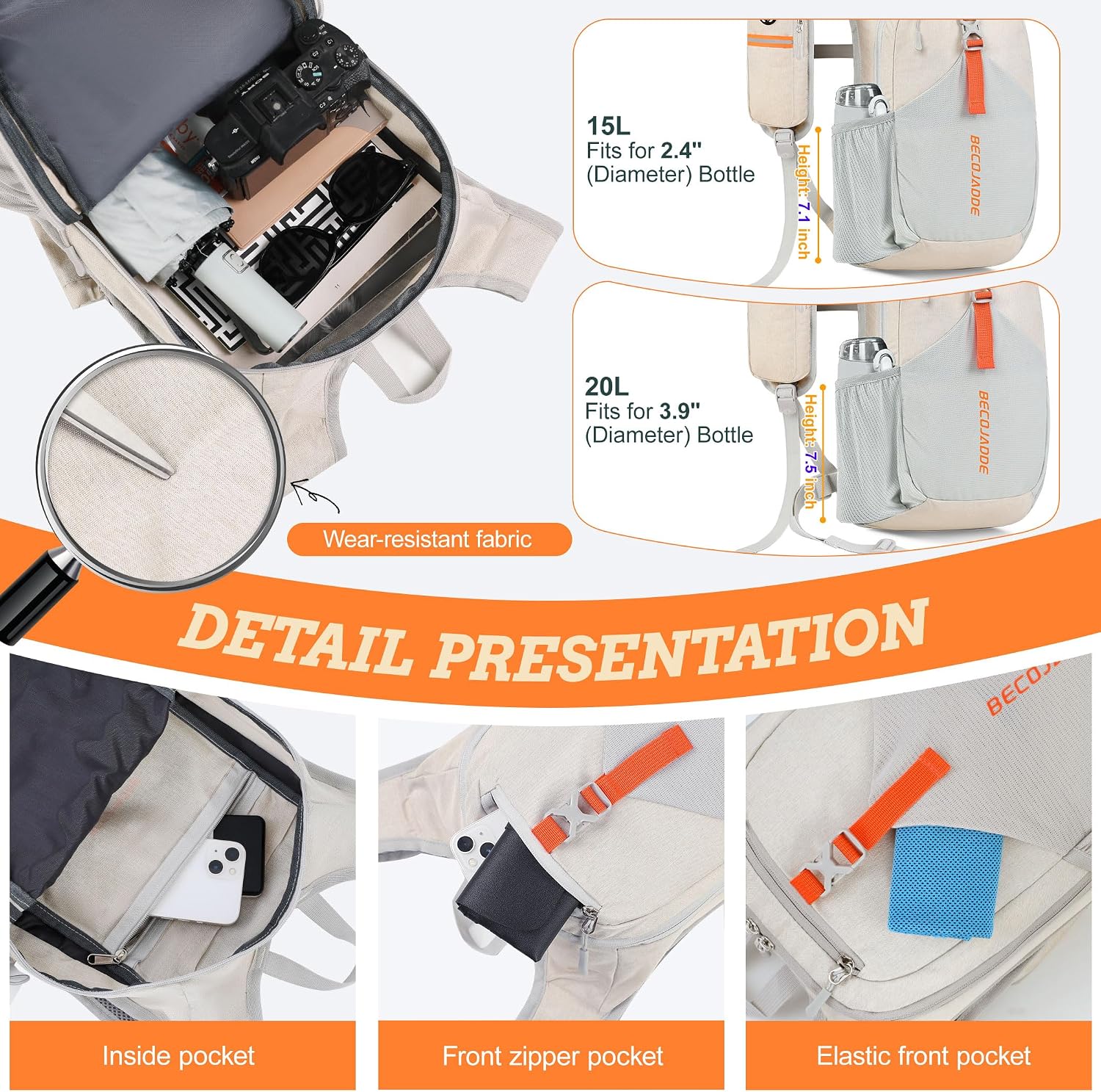 BECOJADDE 15L Small Hiking Backpack for Men Women Foldable Packable Back Pack Ultralight Hiking Daypack for Travel Camping Outdoor, Beige - Image 3