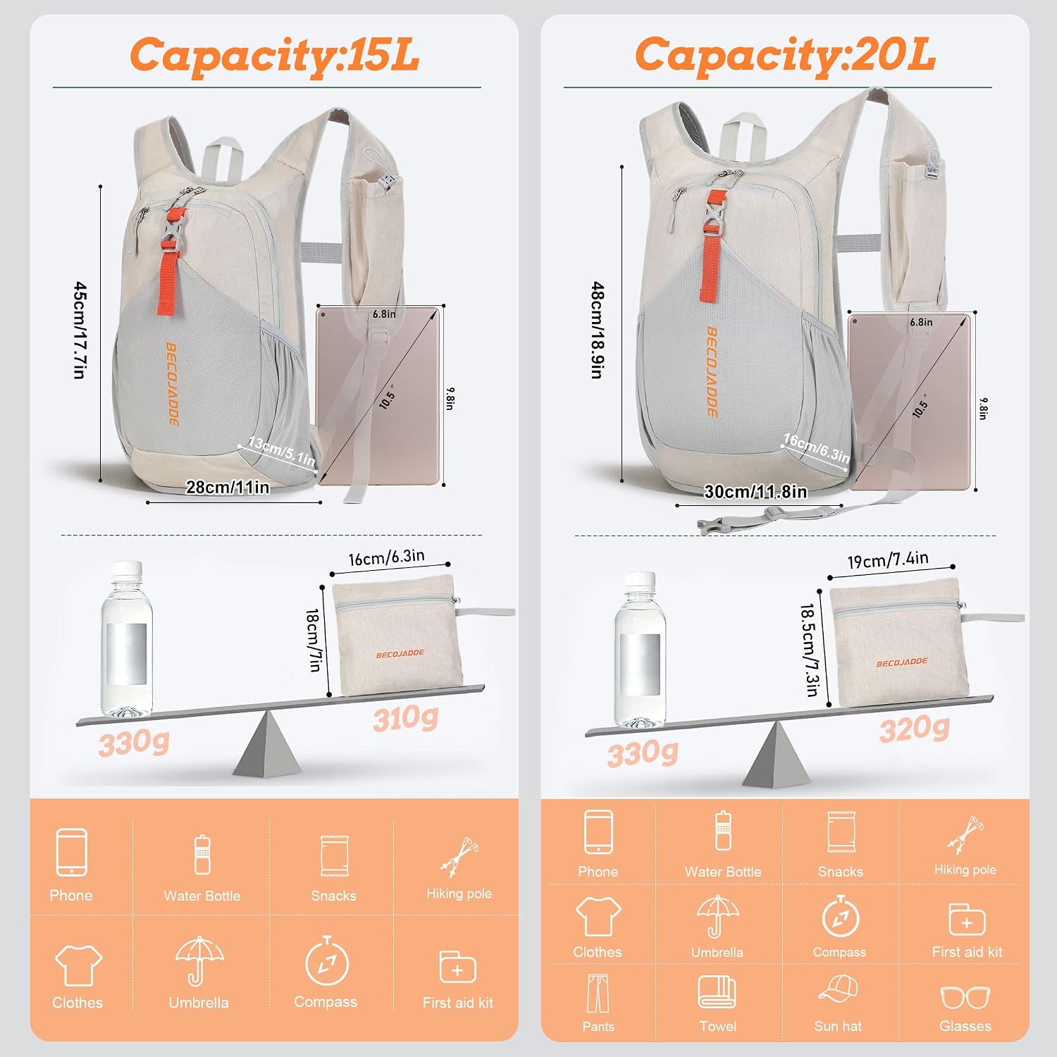 BECOJADDE 15L Small Hiking Backpack for Men Women Foldable Packable Back Pack Ultralight Hiking Daypack for Travel Camping Outdoor, Beige - Image 4