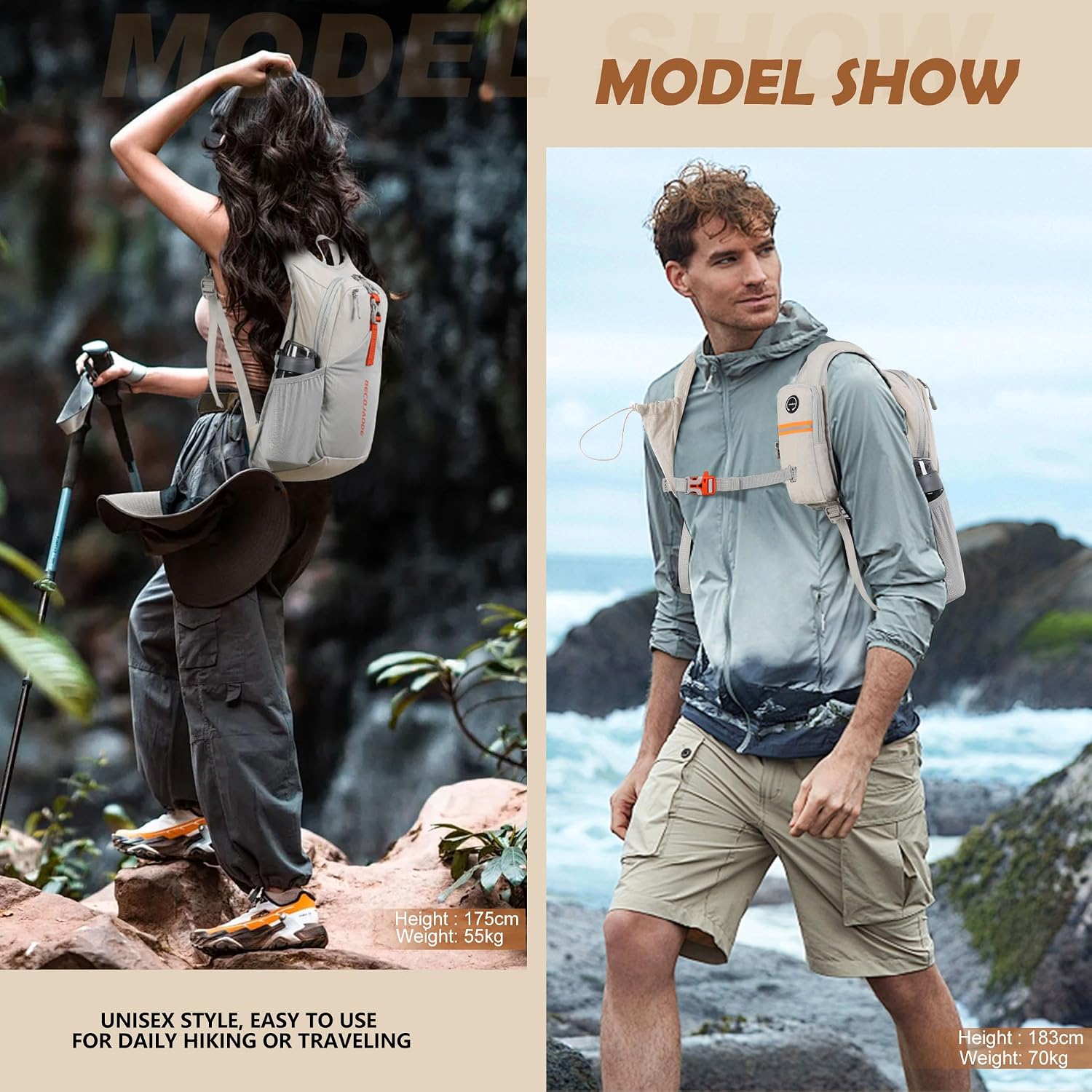 BECOJADDE 15L Small Hiking Backpack for Men Women Foldable Packable Back Pack Ultralight Hiking Daypack for Travel Camping Outdoor, Beige - Image 8
